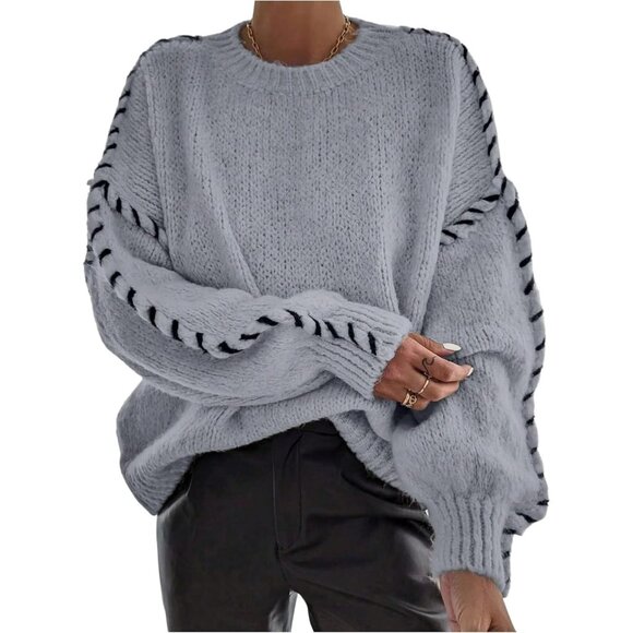 Sweaters - Women's Grey Oversized Stitching Long Sleeve Crew Neck Baggy Knit Sweaters